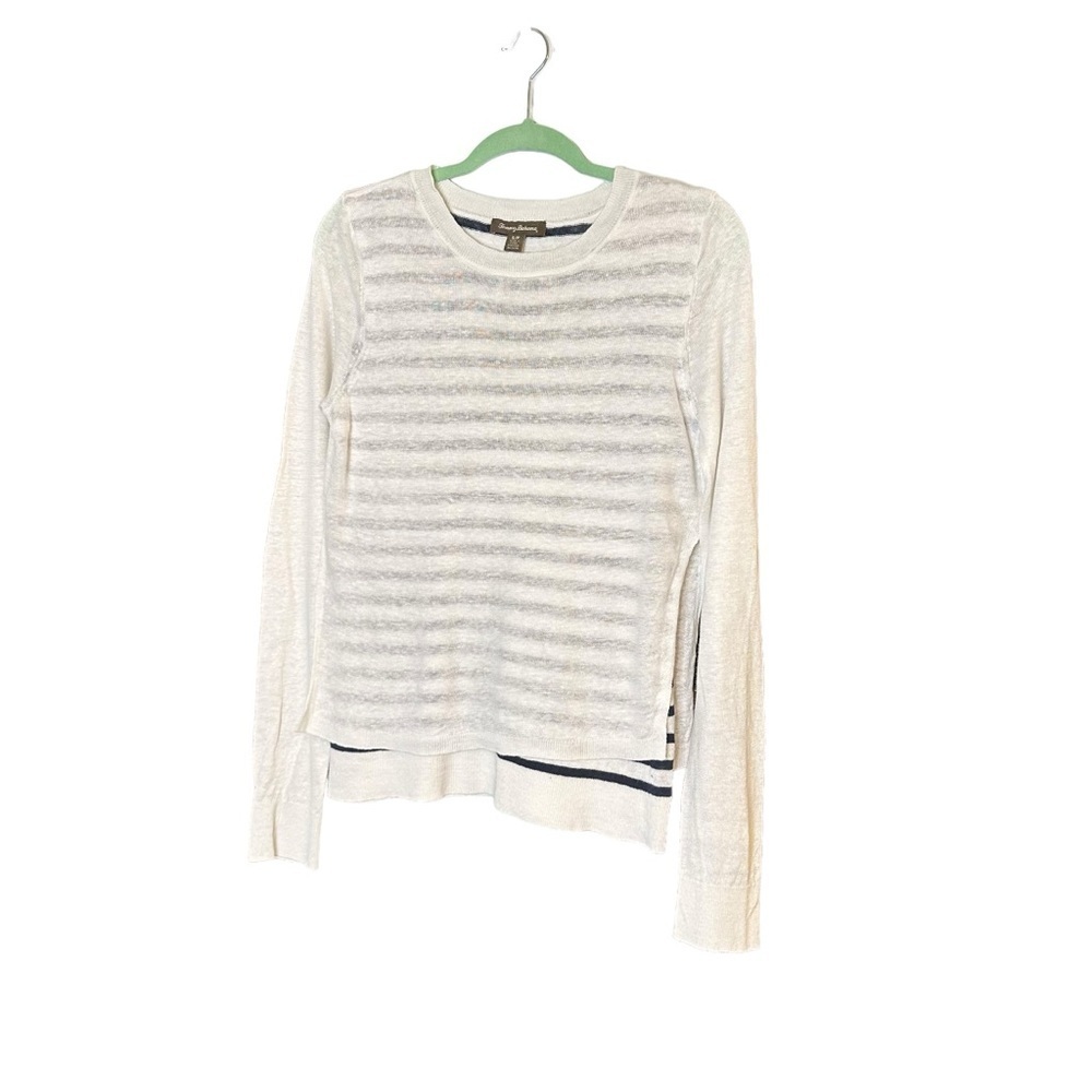 Tommy Bahama, Cream & Navy Blue, Double Layer, Linen, Long Sleeve Crewneck sz S